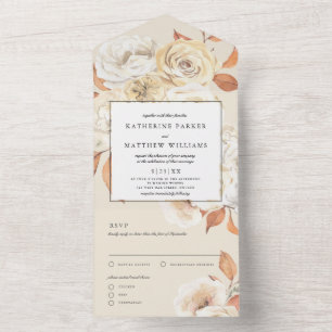 Invitation Tout En Un Elégante aquarelle d'automne Floral + Mariage Ecru