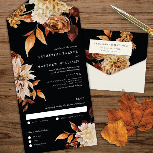 Invitation Tout En Un Elégante aquarelle d'automne Floral + Mariage noir