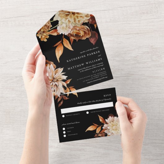 Invitation Tout En Un Elégante aquarelle d'automne Floral + Mariage noir (Déchirure)