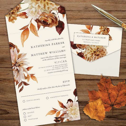 Invitation Tout En Un Elégante aquarelle d'automne Mariage Floral