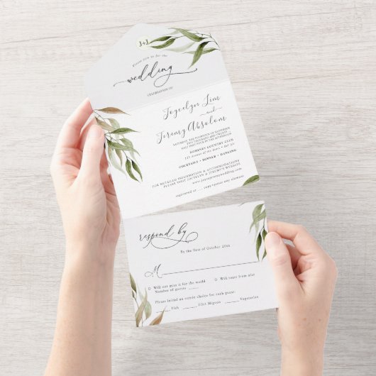 Invitation Tout En Un Elégante aquarelle Eucalyptus rustique (Déchirure)