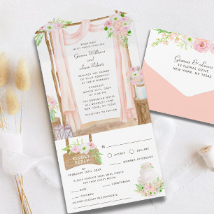 Invitation Tout En Un Elégante aquarelle extérieure rose Mariage floral