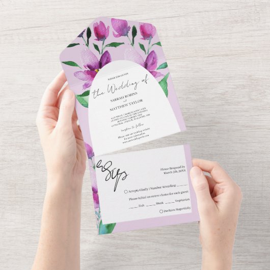 Invitation Tout En Un Elégante Aquarelle Fleurs D'Art En Violet (Déchirure)