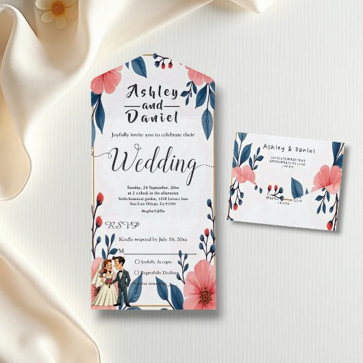 Invitation Tout En Un Elégante aquarelle Floral Bride Groom Chic Mariage