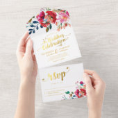 Invitation Tout En Un Elégante aquarelle florale Mariage or blanc (Déchirure)