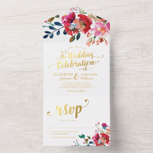 Invitation Tout En Un Elégante aquarelle florale Mariage or blanc (À l'intérieur)