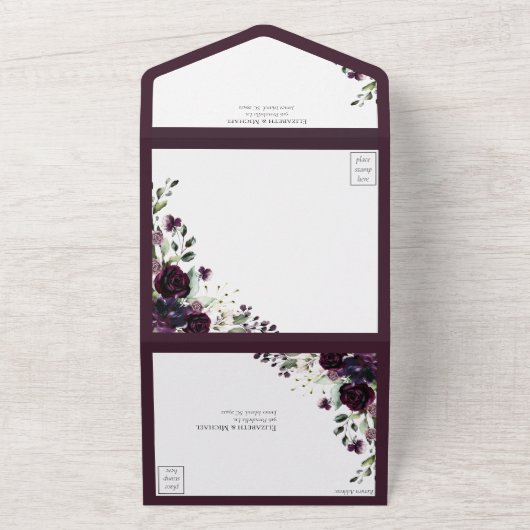 Invitation Tout En Un Elégante Aquarelle florale mauve prune (Dehors)