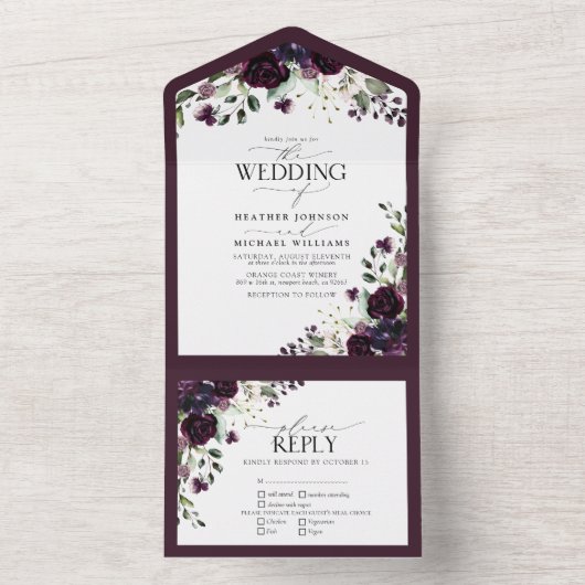 Invitation Tout En Un Elégante Aquarelle florale mauve prune (À l'intérieur)