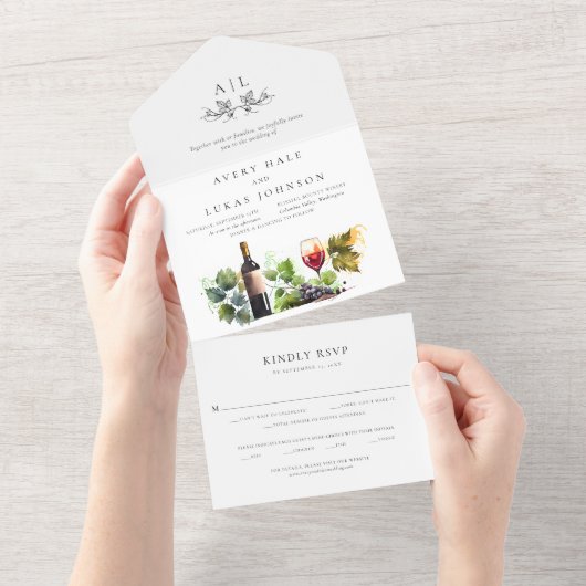 Invitation Tout En Un Elégante aquarelle Monogram Vineyard Mariage (Déchirure)