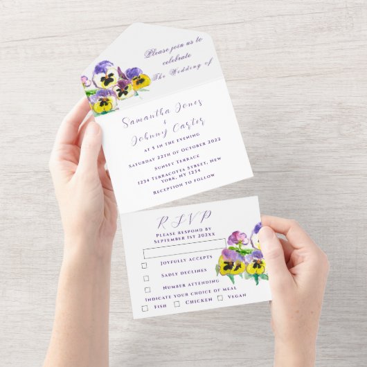 Invitation Tout En Un Elégante aquarelle Pansies Mariage Floral (Déchirure)