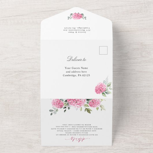Invitation Tout En Un Elégante aquarelle rose Hydrangea Mariage code QR (Dehors)