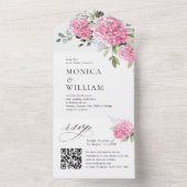 Invitation Tout En Un Elégante aquarelle rose Hydrangea Mariage code QR (À l'intérieur)