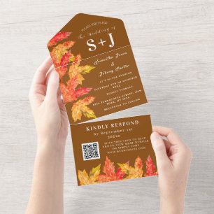 Invitation Tout En Un Elégante aquarelle Terracotta Feuilles mariage RSV