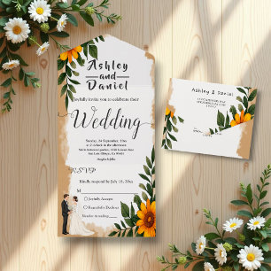 Invitation Tout En Un Elégante aquarelle tournesol été Mariage floral