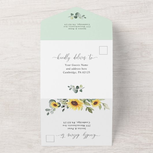 Invitation Tout En Un Elégante aquarelle tournesol Eucalyptus Mariage (Dehors)