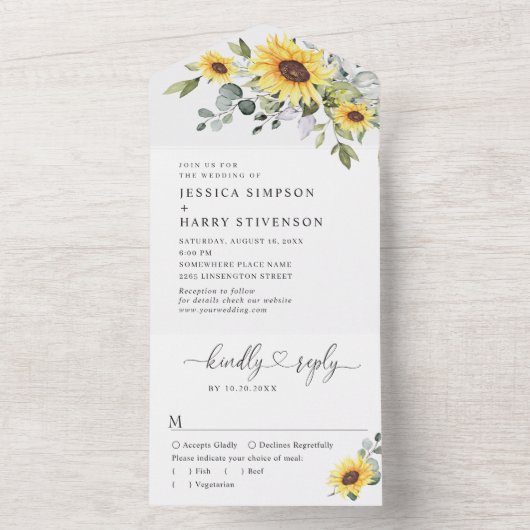 Invitation Tout En Un Elégante aquarelle tournesol Eucalyptus Mariage (À l'intérieur)