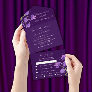 Invitation Tout En Un Elégante aquarelle violet Floral Lilac Mariage
