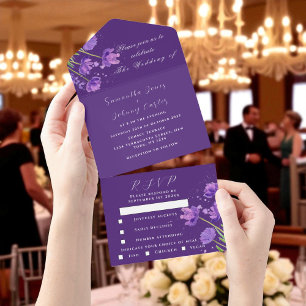 Invitation Tout En Un Elégante aquarelle violet Floral Lilac Mariage