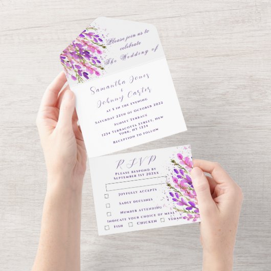 Invitation Tout En Un Elégante aquarelle violet Floral Lilac Mariage Tou (Déchirure)