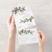 Invitation Tout En Un Elégante Baies d'hiver Rouge Vert Aquarelle (Déchirure)