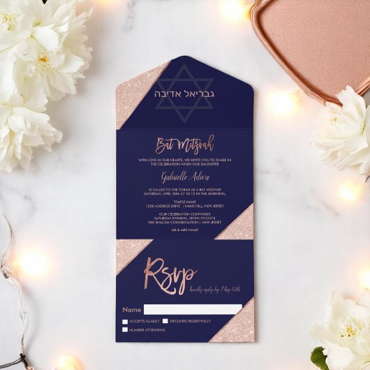 Invitation Tout En Un Élégante Bar Mitzvah or rose gold pailleté bleu ma