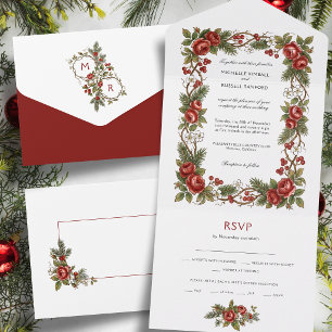 Invitation Tout En Un Élégante bordure florale de Noël hivernal vintage