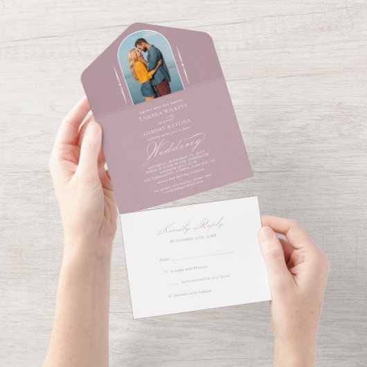 Invitation Tout En Un Élégante calligraphie Dusty Rose Photo Mariage RSV (Déchirure)