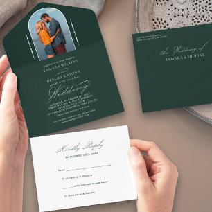 Invitation Tout En Un Élégante calligraphie émeraude photo RSVP mariage