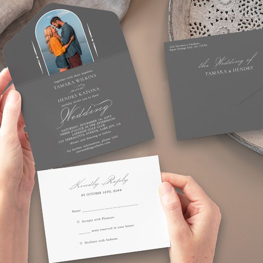 Invitation Tout En Un Élégante calligraphie gris photo Mariage RSVP