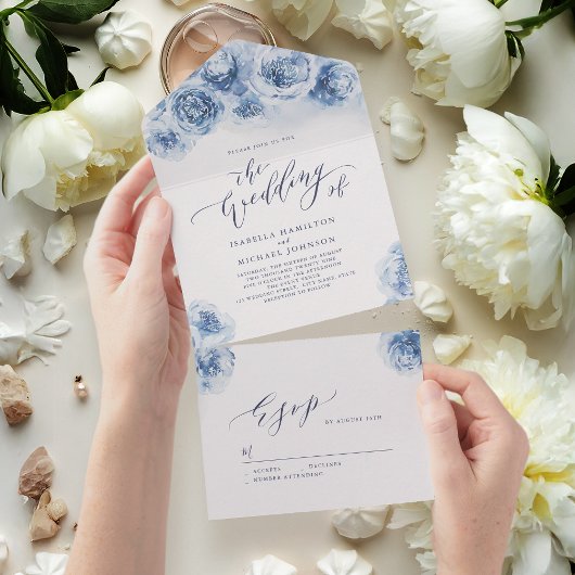 Invitation Tout En Un Élégante calligraphie mariage floral bleu poussiér