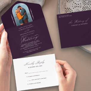 Invitation Tout En Un Élégante calligraphie mariage photo RSVP violet