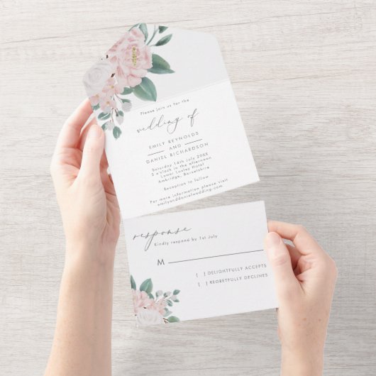 Invitation Tout En Un Élégante calligraphie Mariage rose et blanc (Déchirure)