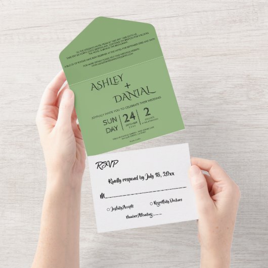 Invitation Tout En Un Élégante calligraphie minimale Vert Mariage modern (Déchirure)