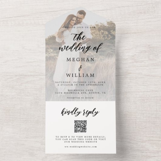 Invitation Tout En Un Élégante calligraphie Photo Mariage Qr Code (À l'intérieur)