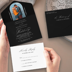 Invitation Tout En Un Élégante calligraphie photo noir blanc RSVP mariag