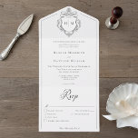 Invitation Tout En Un Élégante Chinoiserie noire Mariage Bird Crest<br><div class="desc">IL EST ÉGALEMENT DISPONIBLE SANS CHOIX DE DÎNER OU AVEC UN CODE QR. Venez passer une journée inoubliable avec notre faire-part de mariage baroque vintage et élégante, chef-d'oeuvre d'une élégance intemporelle. Doté d'une délicate crête de chinoiserie noire française, de rubans d'art de ligne délicats et d'un arrière - plan blanc...</div>