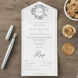 Invitation Tout En Un Élégante Chinoiserie noire Mariage Bird Crest<br><div class="desc">IL EST ÉGALEMENT DISPONIBLE SANS CHOIX DE DÎNER OU AVEC UN CODE QR. Venez passer une journée inoubliable avec notre faire-part de mariage baroque vintage et élégante, chef-d'oeuvre d'une élégance intemporelle. Doté d'une délicate crête de chinoiserie noire française avec des rubans d'art de ligne délicats, des fleurs, des oiseaux et...</div>