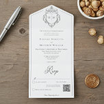 Invitation Tout En Un Élégante Chinoiserie noire Mariage de crête d'oise<br><div class="desc">ÉGALEMENT DISPONIBLE AVEC OU SANS CHOIX DE DÎNER. Venez passer une journée inoubliable avec notre faire-part de mariage baroque vintage et élégante, chef-d'oeuvre d'une élégance intemporelle. Doté d'une délicate crête de chinoiserie noire française, de rubans d'art de ligne délicats et d'un arrière - plan blanc immaculé, ce design dégage un...</div>