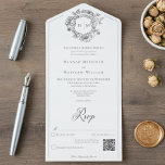 Invitation Tout En Un Élégante Chinoiserie noire Mariage de crête d'oise<br><div class="desc">ÉGALEMENT DISPONIBLE AVEC OU SANS CHOIX DE DÎNER. Venez passer une journée inoubliable avec notre faire-part de mariage baroque vintage et élégante, chef-d'oeuvre d'une élégance intemporelle. Doté d'une délicate crête de chinoiserie noire française avec des rubans d'art de ligne délicats, des fleurs, des oiseaux et des fibres sur un arrière...</div>