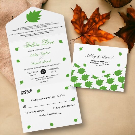 Invitation Tout En Un Élégante chute en amour Vert Feuille Mariage de au