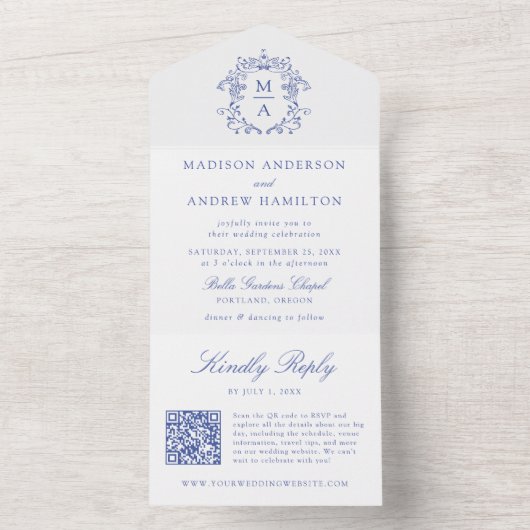 Invitation Tout En Un Elégante Cimetière Bleu Chinoiserie Monogramme Mar (À l'intérieur)