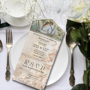 Invitation Tout En Un Elégante crème blanche Peony Floral Photo E-mail