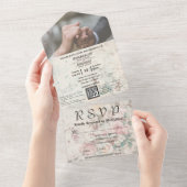 Invitation Tout En Un Elégante crème rose aquarelle Floral QR Code photo (Déchirure)