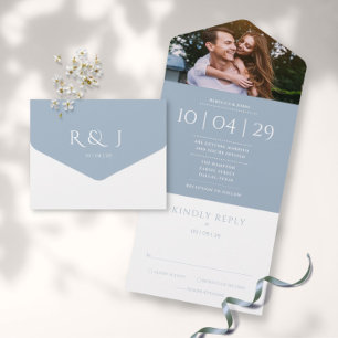 Invitation Tout En Un Élégante Date de Mariage Photo Monogramme Bleu Pou