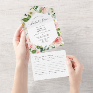 Invitation Tout En Un Élégante Fête des mariées florale Blush