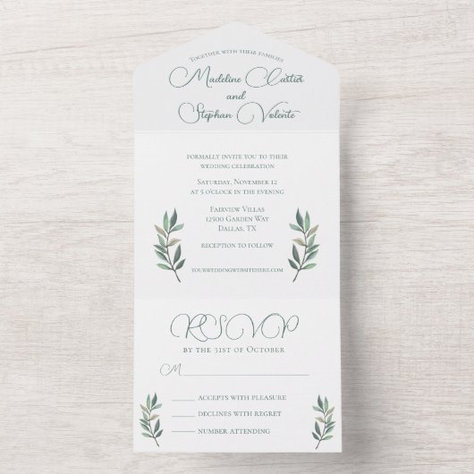 Invitation Tout En Un Elégante feuille Eucalyptus Mariage de automne mod (À l'intérieur)