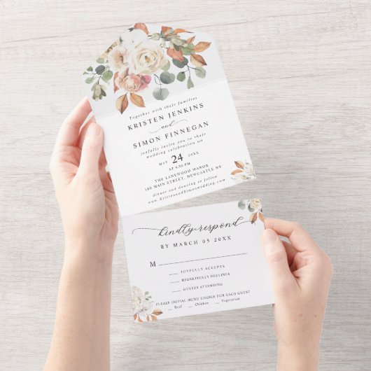 Invitation Tout En Un Élégante Fleurs d'automne Script Mariage moderne (Déchirure)