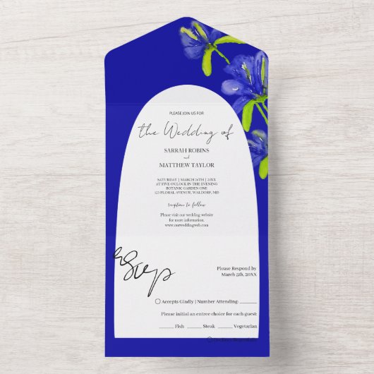 Invitation Tout En Un Elégante Indigo Iris Fleurs Peintes à la main (À l'intérieur)