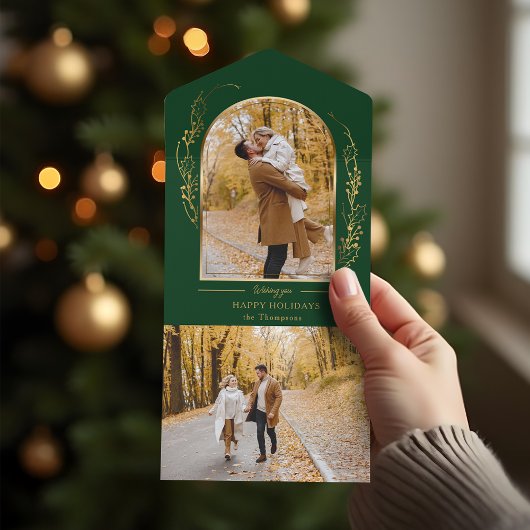 Invitation Tout En Un Elégante main tiré Gold Holly Arch Photo