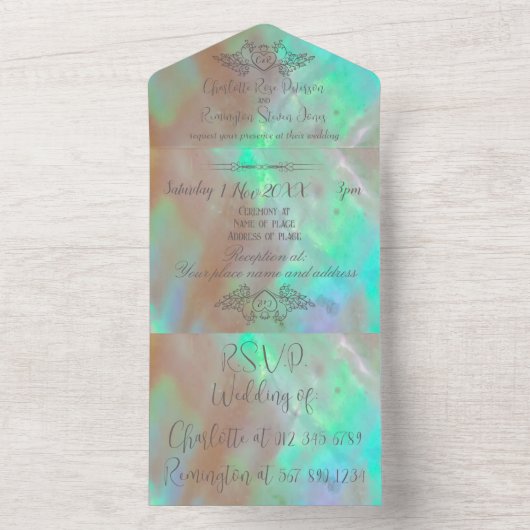 Invitation Tout En Un Élégante Mariage verte Mère de Perle (À l'intérieur)